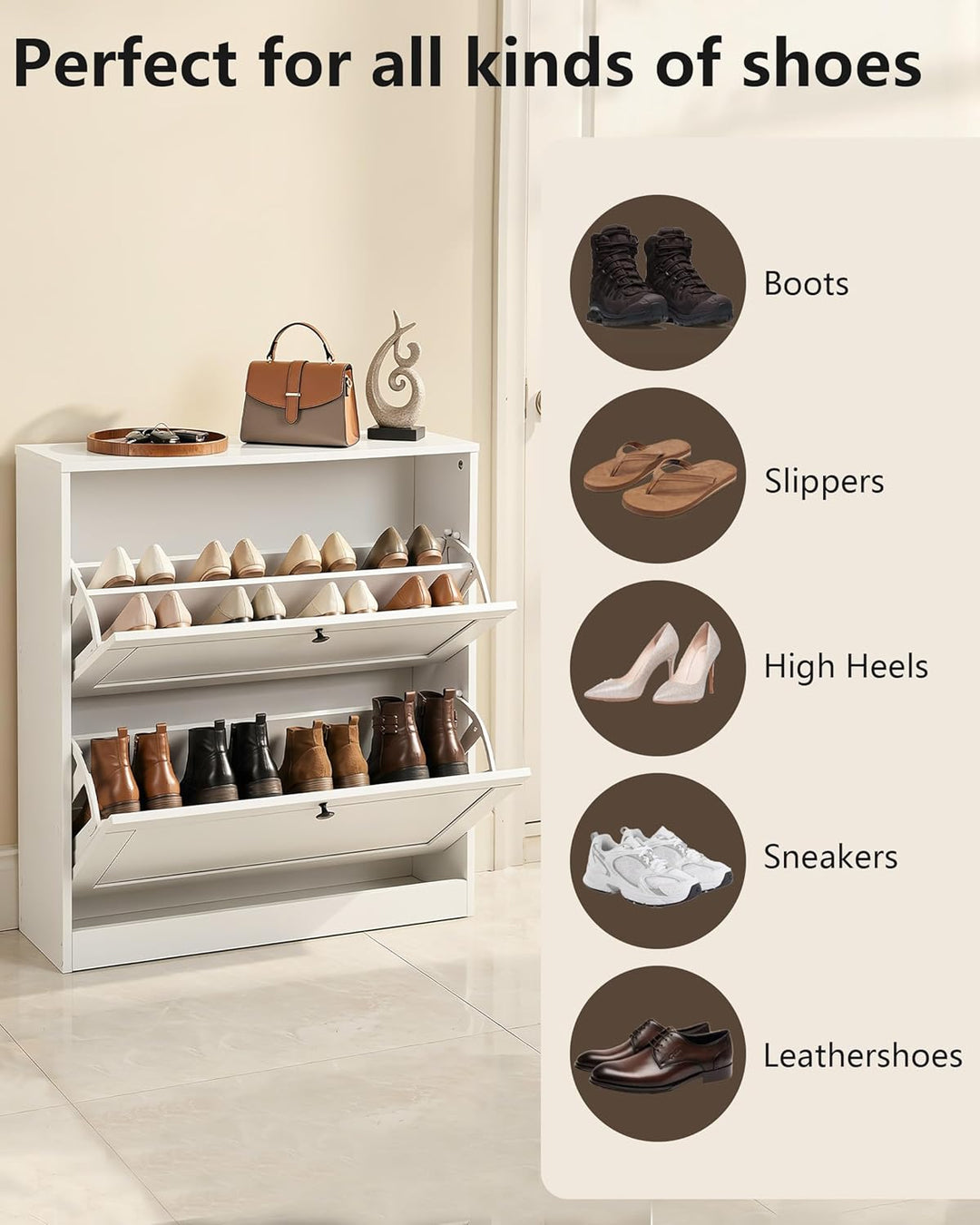 hitsuki Schuhschrank Weiss Schuhkipper Klein mit 2 Klappen, Schuhschrank Schmal mit Trennwände Verst