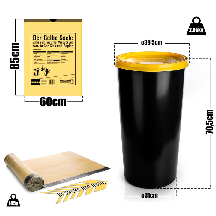 BigDean Gelber Sack Mülleimer 60L + 10 Rollen Gelber Sack – luftdichte gelbe Sack Tonne Made in Germ