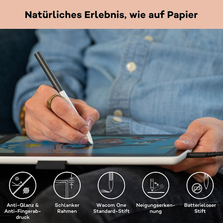 Wacom One 14 Grafiktablett mit Display – 14,0″ Full HD Zeichentablett mit Stift ohne Batterie, entsp