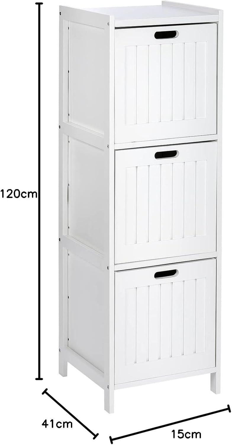 WENKO Regal Oslo 3 Schubladen, Echtholz - Badregal im Landhausstil, Holz, 36 x 112 x 36 cm, Weiss, 1