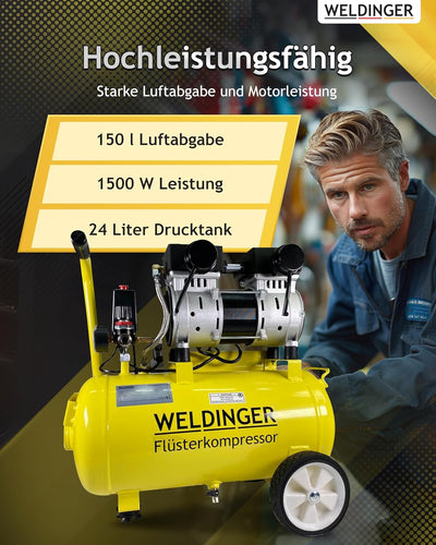WELDINGER Flüsterkompressor FK 120 turbo pro 1500 W Luftabgabe 150 l/min ölfrei innenbeschichteter T