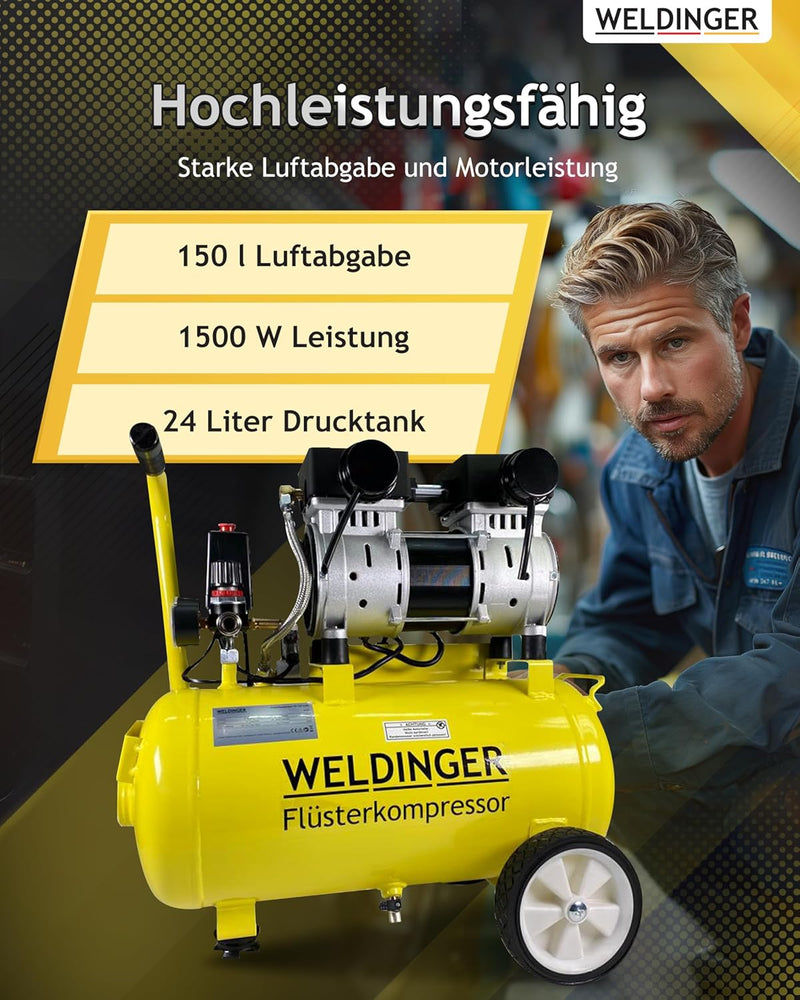 WELDINGER Flüsterkompressor FK 120 turbo pro 1500 W Luftabgabe 150 l/min ölfrei innenbeschichteter T
