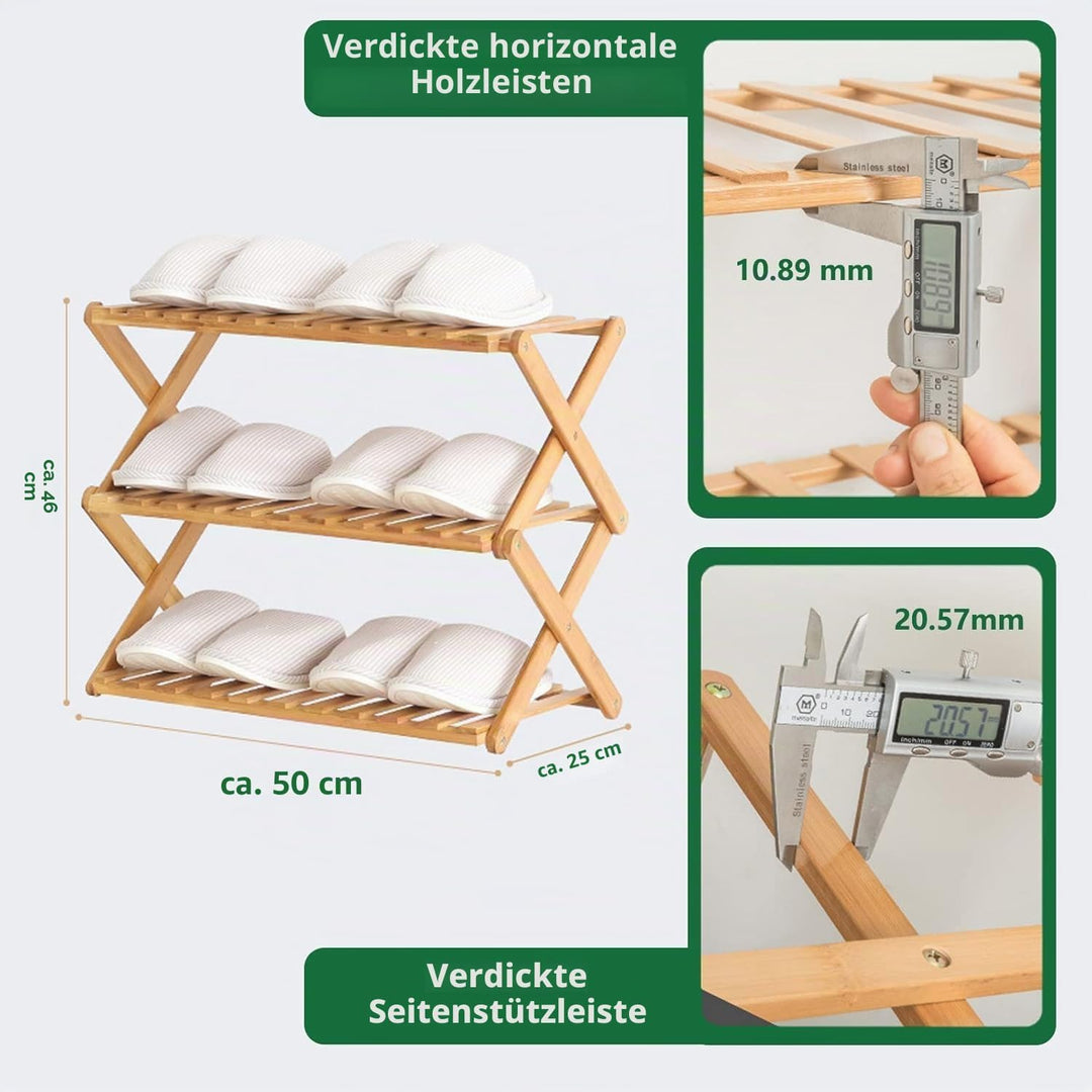 Schuhregal aus Bambus mit 3 Ebenen, tragbar, zusammenklappbar, ohne Installation, kleines Schuhregal