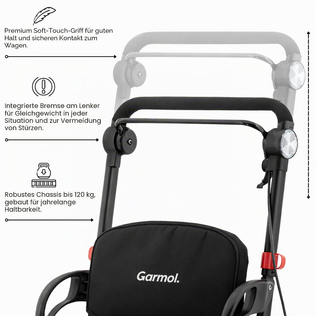 GARMOL Relax Einkaufstrolley mit gepolstertem Sitz, 30 l, faltbar, mit Handbremse und Sicherheit, Ve