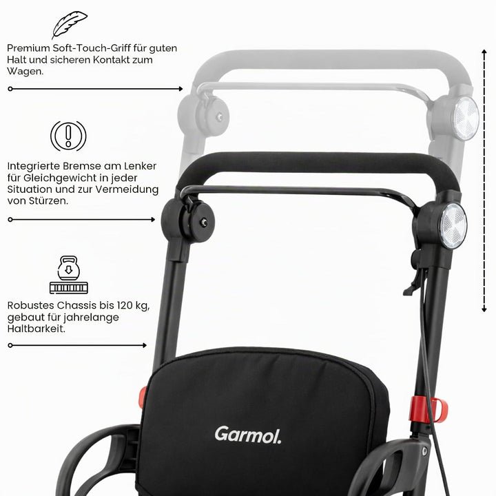 GARMOL Relax Einkaufstrolley mit gepolstertem Sitz, 30 l, faltbar, mit Handbremse und Sicherheit, Ve