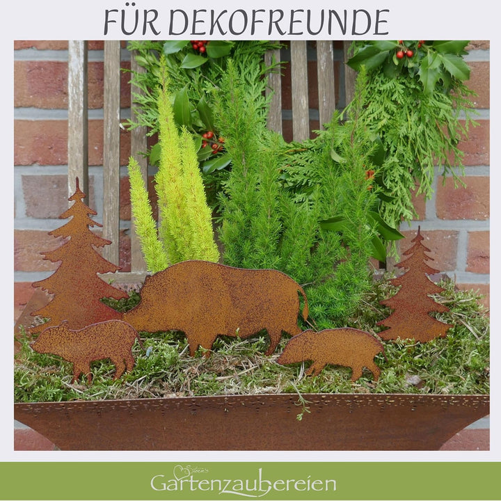 Storm's Gartenzaubereien Gartenstecker Wildschwein Figuren mit Tannen 5er Set in Rostoptik als Weihn