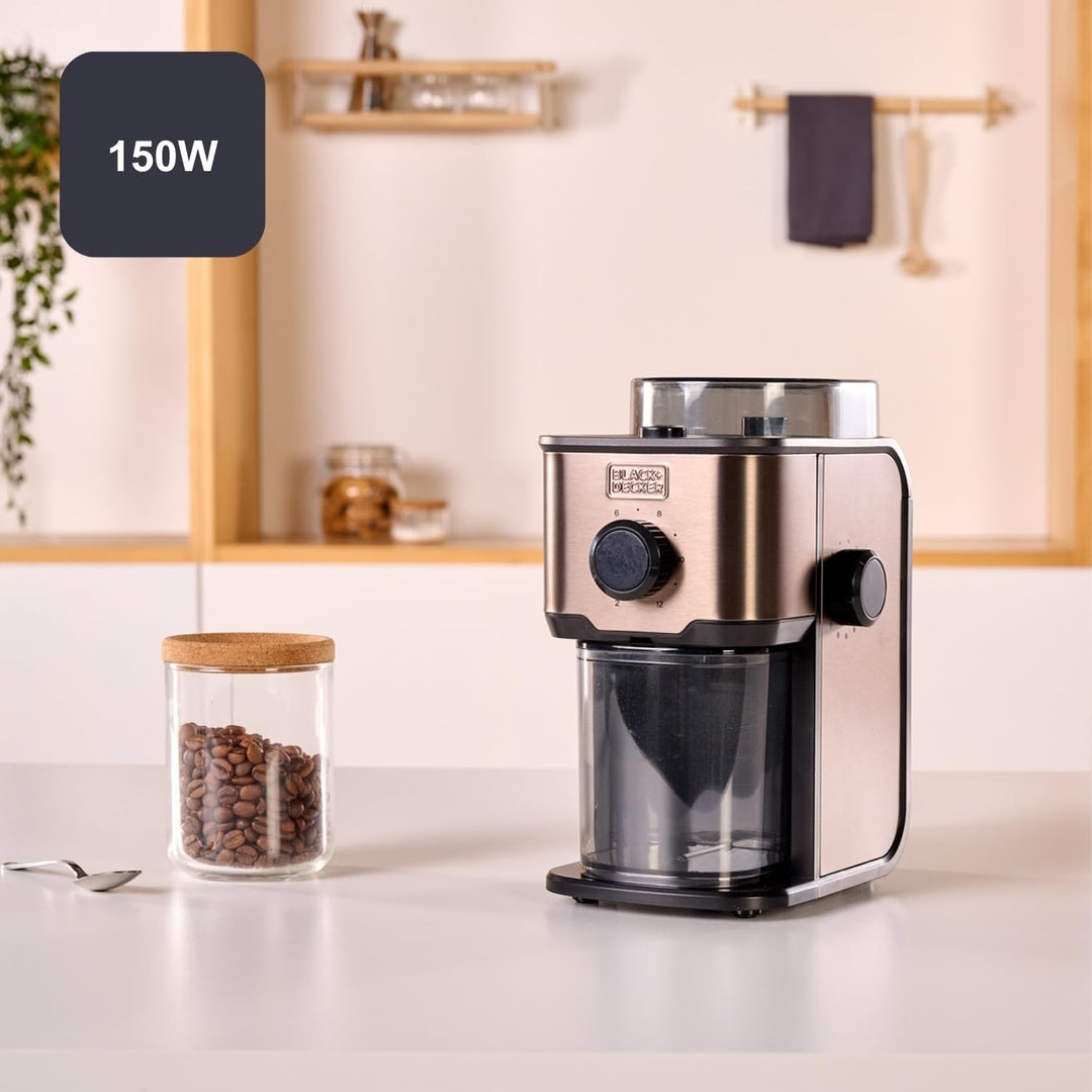 Black+Decker - Kaffeemühle BXCG151E | 150W Leistung | 14 Mahlgrade | 200g Behälter | Edelstahl-Anti-