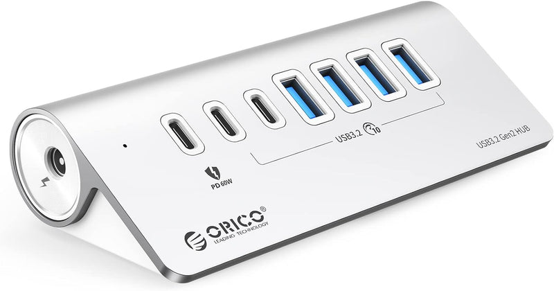 USB C Hub, ORICO 7 Port USB C 3.2 Gen 2 Hub, USB Verteiler 10 Gbps mit 4 USB C, 2 USB A, PD 60W, 24V