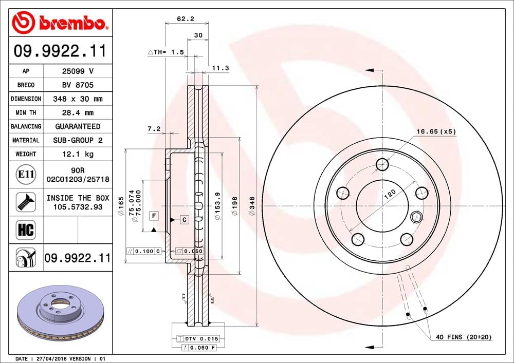 Brembo 09.9922.11 COATED DISC LINE Bremsscheibe - 1 Stück