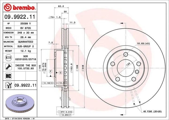 Brembo 09.9922.11 COATED DISC LINE Bremsscheibe - 1 Stück