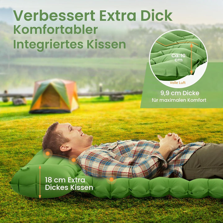 ROPODA Aufblasbare Camping-Isomatte, ultraleichte Schlafmatte mit Kopfkissen und integrierter Fusspu