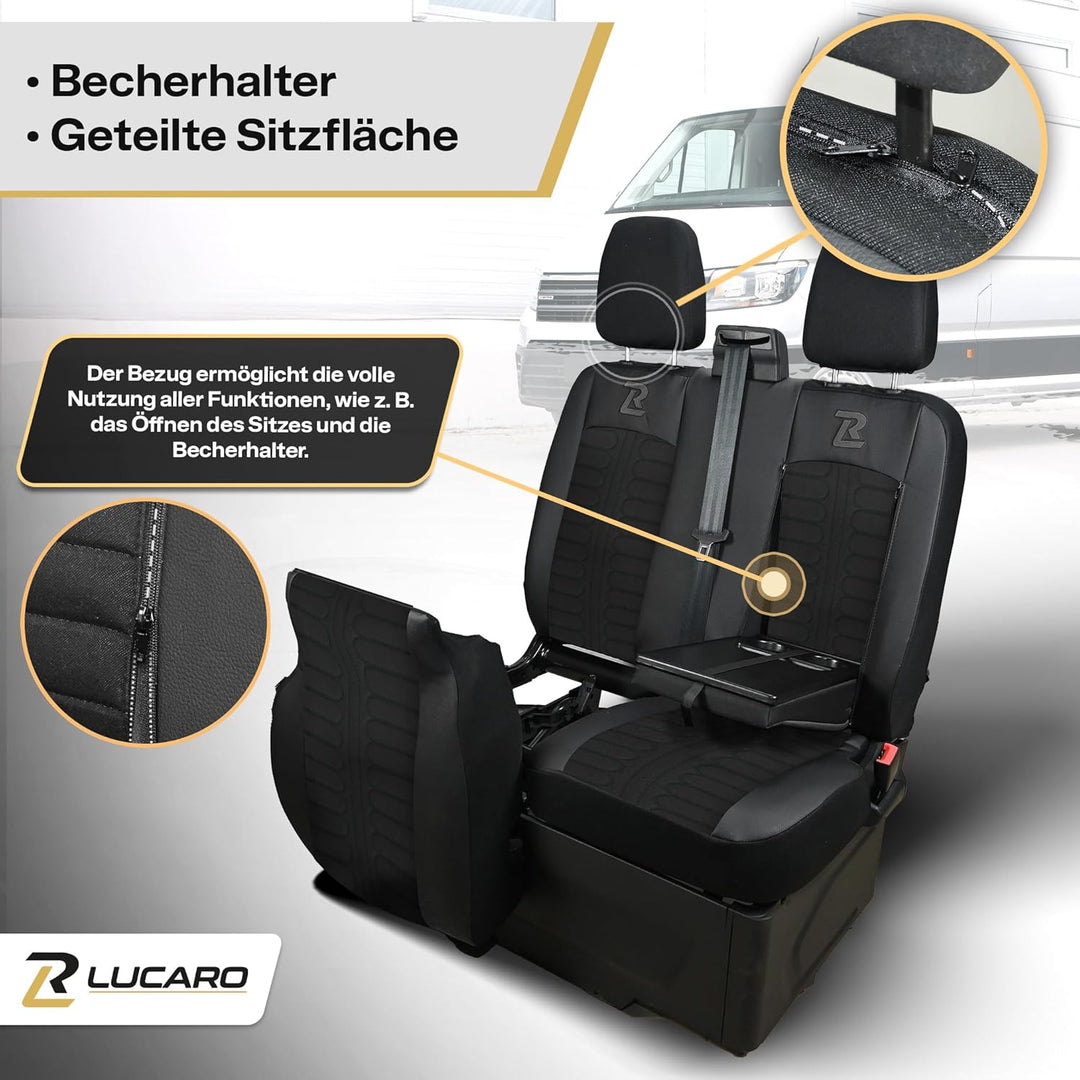 LUCARO Sitzbezüge Auto Tornado für Ford Transit 2013 und später - Sitzbezug Set 1+2 - Schwarz - Auto
