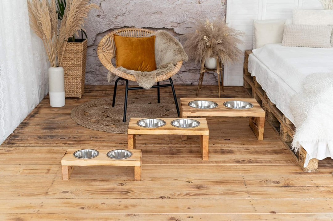 Woodworms Hunde-napf-Set mit Edelstahlnäpfen, Handgemachte Echtholz Hundebar, Futterbar für kleine,