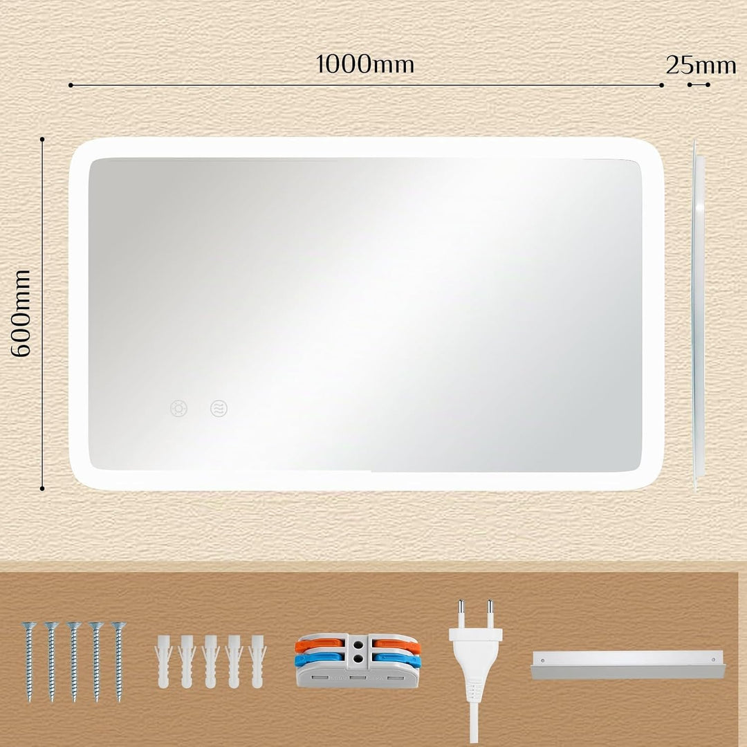 Clevich Badspiegel mit Beleuchtung 100×60 cm, LED Spiegel mit 3 Lichtfarben dimmbar, gehärtetes Glas