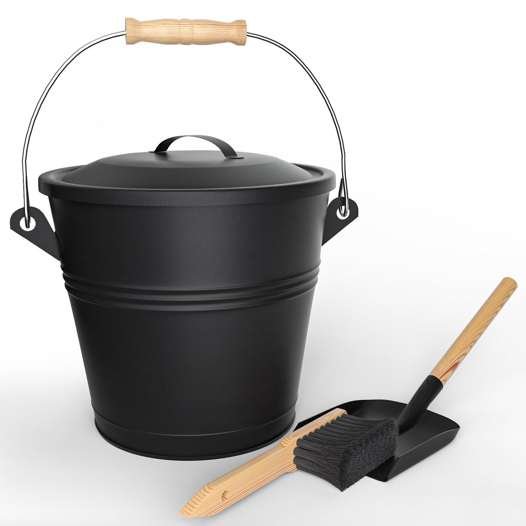 VOUNOT® Ascheeimer mit Deckel, Feuerfest Metall Kohleeimer 5L mit Schaufel und Handbesen, Werkzeugse