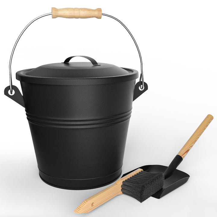 VOUNOT® Ascheeimer mit Deckel, Feuerfest Metall Kohleeimer 5L mit Schaufel und Handbesen, Werkzeugse