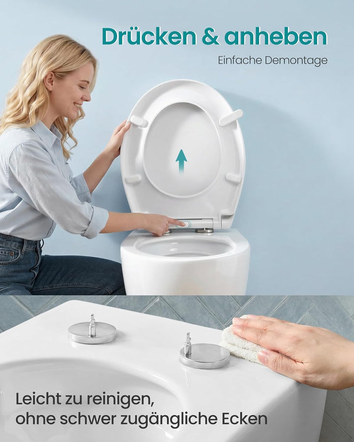SONGMICS Toilettendeckel O-Form, WC-Sitz mit Absenkautomatik, Griff, Toilettensitz schnell abnehmbar