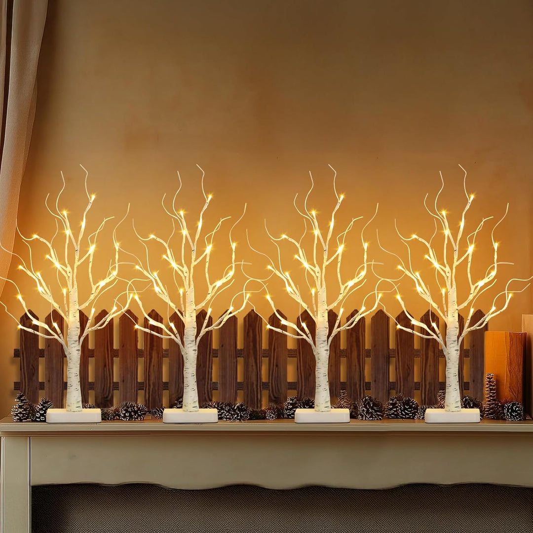 4er Set Lichterbaum mit 24 Warmweissen LEDs Birken Bäumchen mit Timer-Funktion Dekozweige Batteriebe