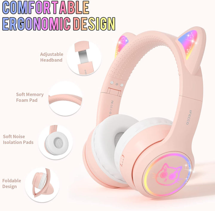 IFECCO Bluetooth Kopfhörer Kinder mit Mikrofon,Kinder Kabellos Kopfhörer mit Tasche,LED-Leuchten Kat