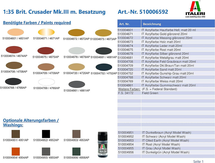Italeri 6592 1:35 Brit. Crusader Mk.III mit Besatzung-Modellbau, Bausatz, Standmodellbau, Basteln, H