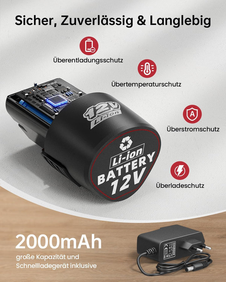 12V Akkuschrauber, 2000 mAh Akkuschrauber Klein, 98tlg Zubehör Akku Bohrschrauber, 25+1 Drehmomentei