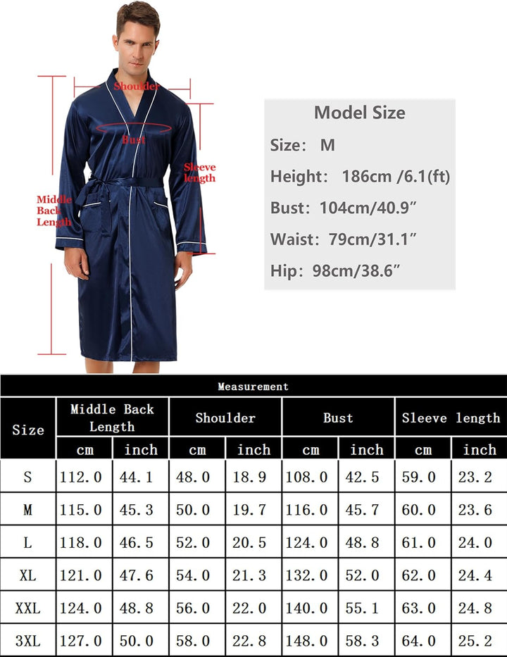 Bresdk Morgenmantel Herren Satin Kimono Robe Lang Leichter Bademantel für Männer S Schwarz M885, S S