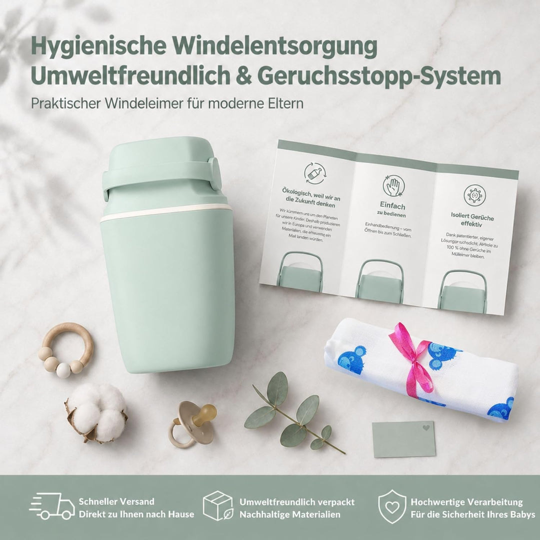 AirWell Windeleimer Geruchsdicht & Windel Blaubaer - Wickeleimer, mit Geruchsstopp-System, Einhändig