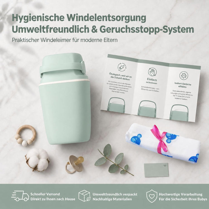 AirWell Windeleimer Geruchsdicht & Windel Blaubaer - Wickeleimer, mit Geruchsstopp-System, Einhändig