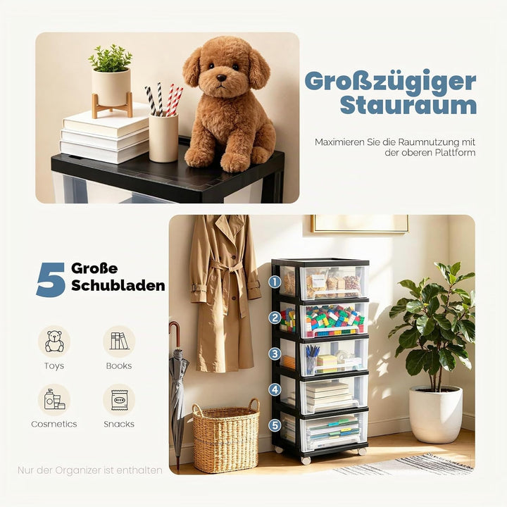 5 Schubladen Organizer 40x33x98cm, Aufbewahrungsbox, Schubladenschrank mit 4 Rädern, Aufbewahrungssc