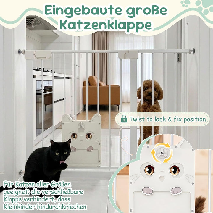 ACXIN Türschutzgitter Weiss 105-115 cm, Kinder Schutzgitter mit Katzenklappe, Babygitter Metall für