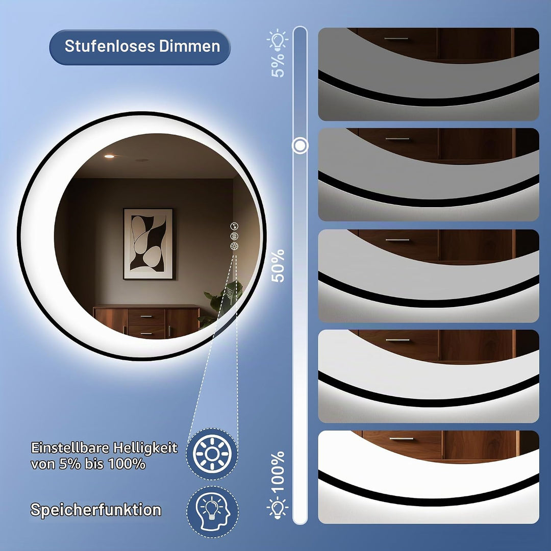 STARLEAD Rund Badspiegel-mit-Beleuchtung 80cm, Asymmetrischer-Spiegel mit Bluetooth, Dimmbar, 3 Lich
