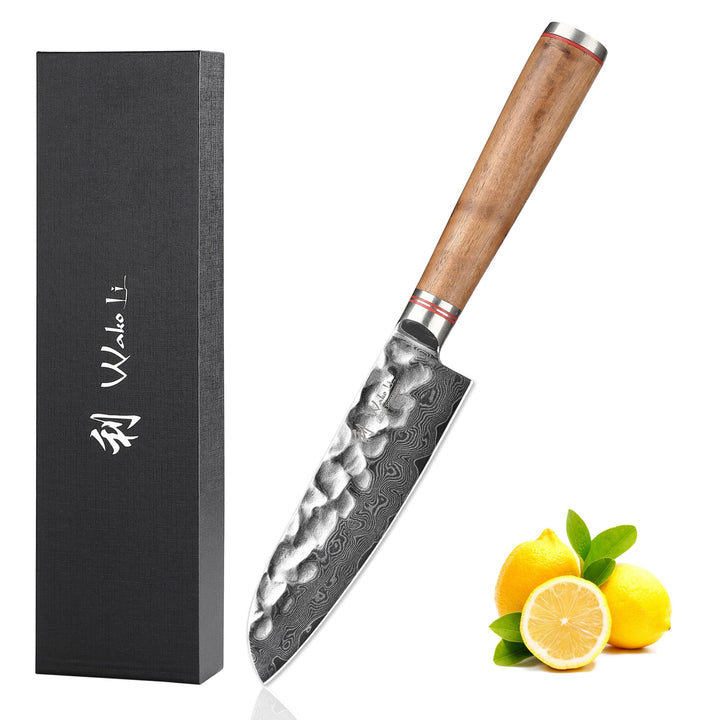 Wakoli Nussbaum Damastmesser kleines Santokumesser extrem scharfe 12cm Klinge aus 67 Lagen I Damast