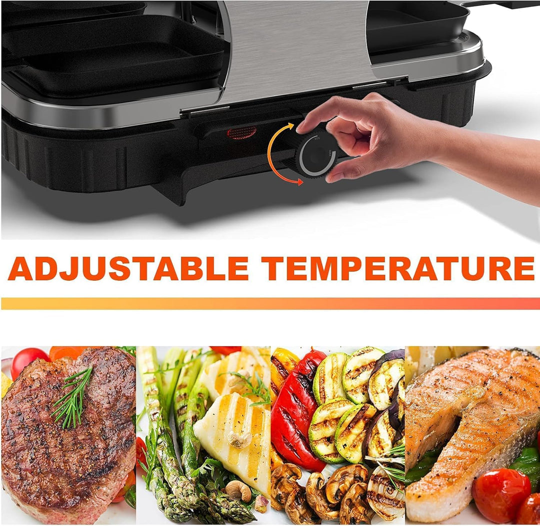 HengBO Raclette Grill für 8 Personen mit 8 Antihaft-Pfännchen, Stufenlos Verstellbare Grillplatte, E