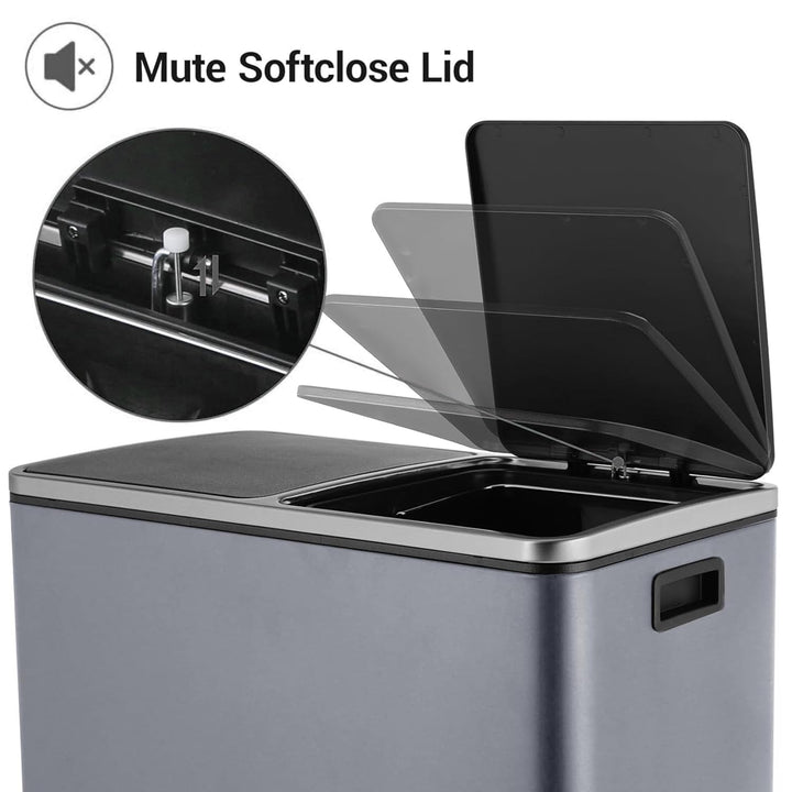 LIFERUN Mülleimer 2 Fächer, Abfalleimer Küche 60L (2x 30 Liter), aus Metall, mit Softclose Deckel, 2