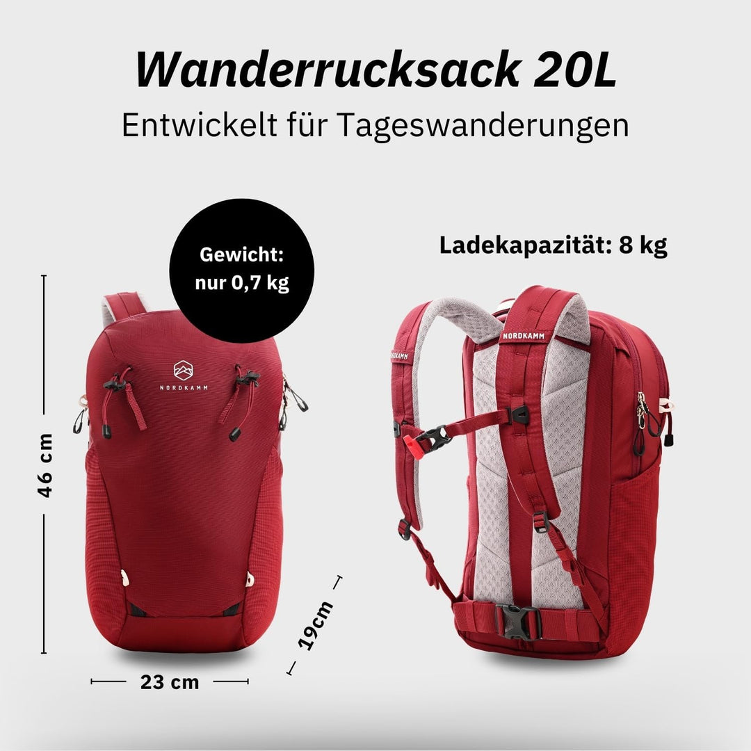 NORDKAMM® Profi Wanderrucksack 20L, klein - nur 680 g, Rucksack 20l aus Robic® Performance Nylon, Da