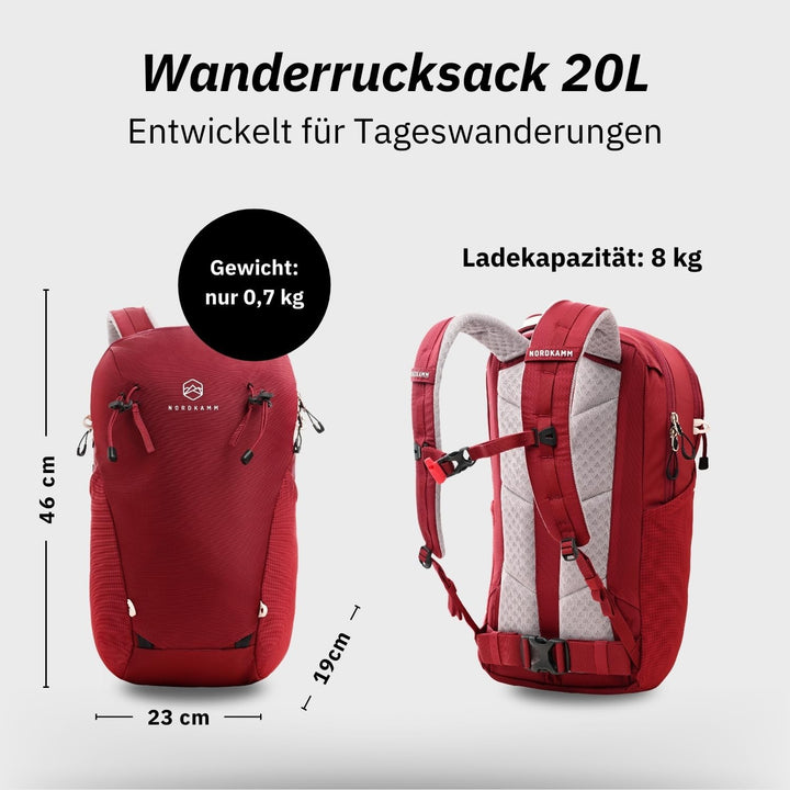 NORDKAMM® Profi Wanderrucksack 20L, klein - nur 680 g, Rucksack 20l aus Robic® Performance Nylon, Da
