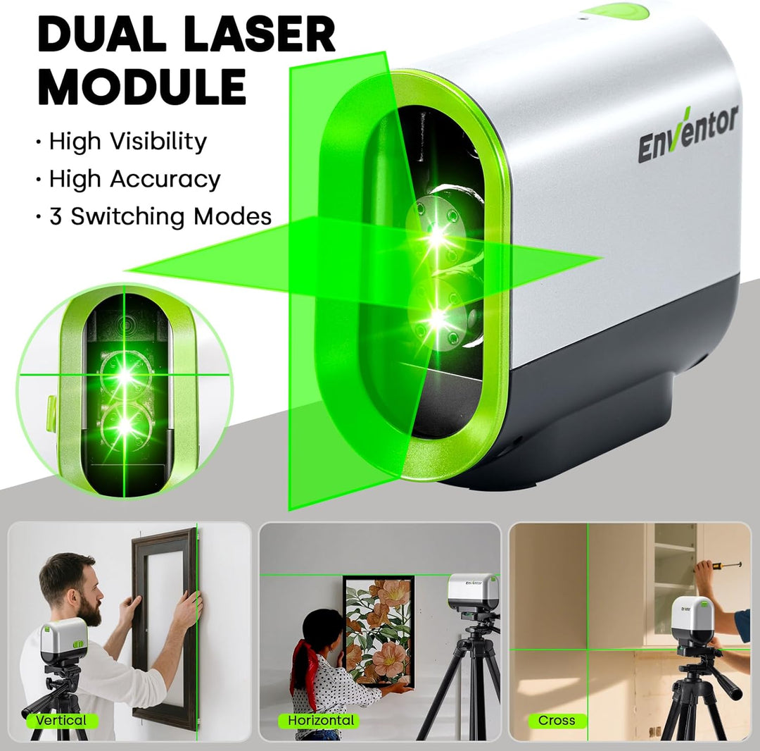 Enventor Laser Wasserwaage mit Stativ, Grüner Kreuzlinienlaser 25m Reichweite, Selbstnivellierend, 2