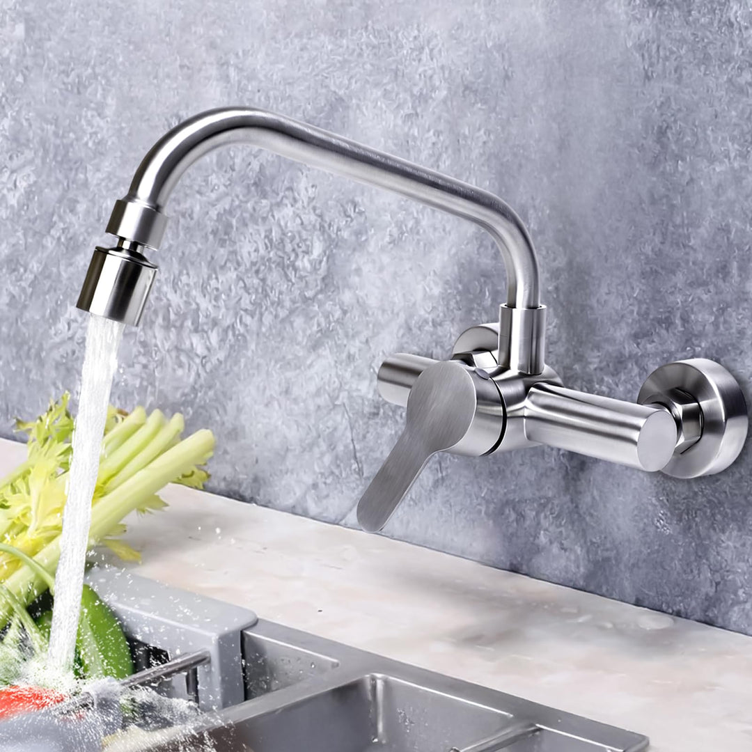 Küchenarmatur 360 ° Drehbar, Edelstahl Wasserhahn Wandmontage mit 2 Strahlarten Mischbatterie Armatu