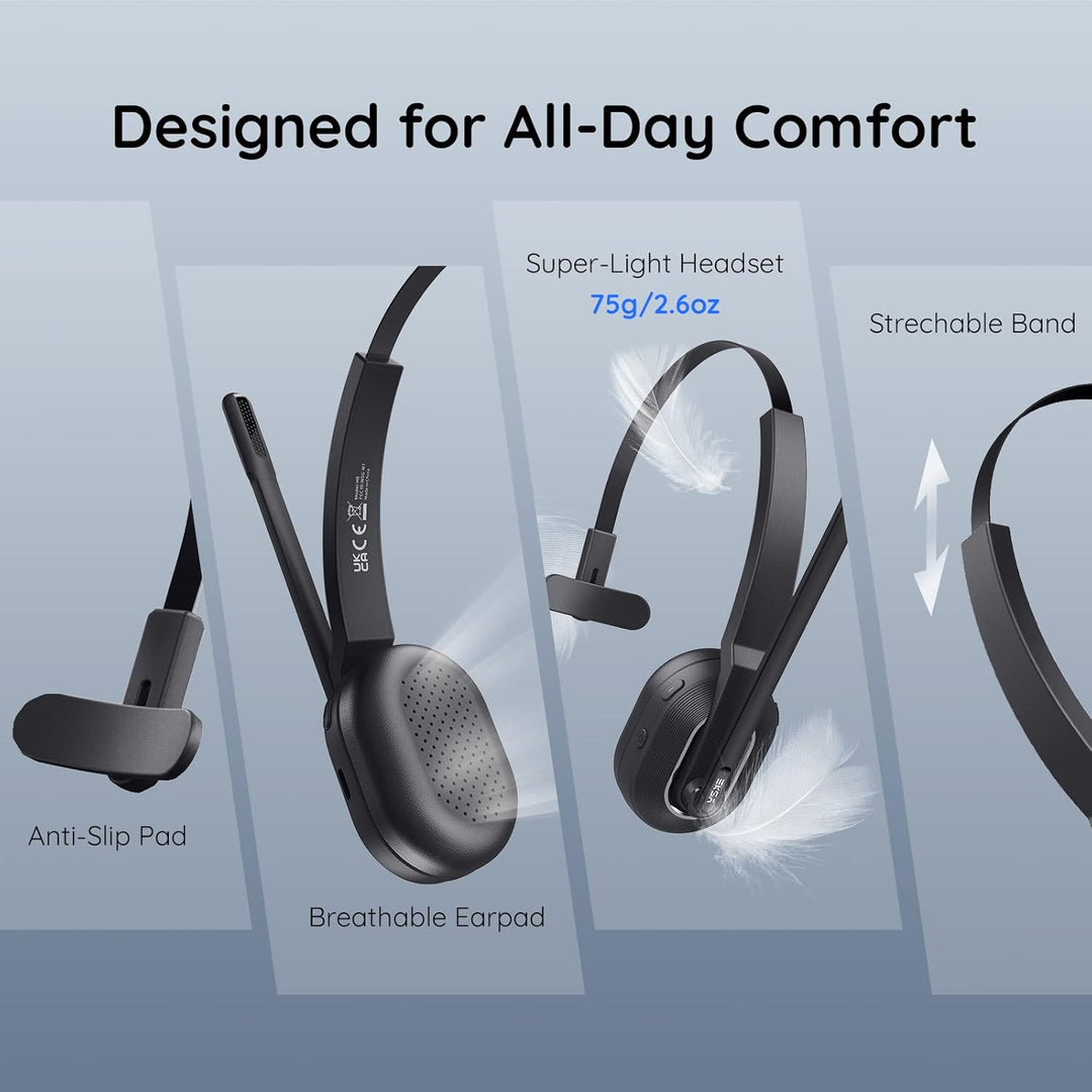 EKSA H5SE Bluetooth Headset, Kabelloses Headset mit Mikrofon AI Geräuschunterdrückung [45 Stdn Spiel