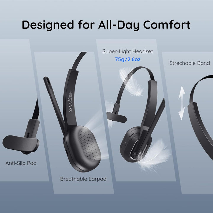 EKSA H5SE Bluetooth Headset, Kabelloses Headset mit Mikrofon AI Geräuschunterdrückung [45 Stdn Spiel