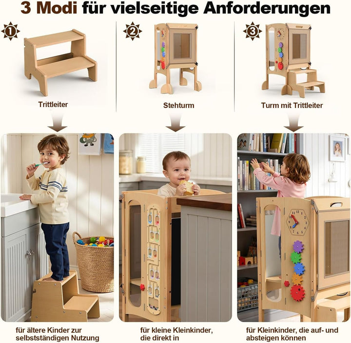 Lernturm ab 1 jahr, 5 in 1 Multifunktional Lernturm für Kinder, Montessori Learning Tower mit Tafel,
