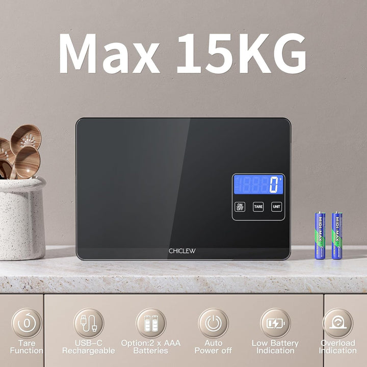 Wiederaufladbare Digitale Küchenwaage, 15KG Elektronische Waage Küche mit 5 Umschaltbaren Einheiten