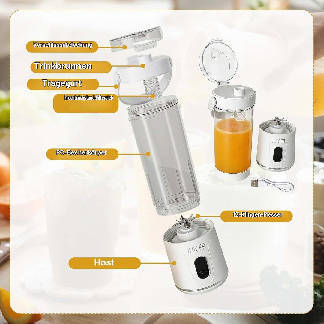 Tragbarer Mixer Smoothie Maker,650 ml Mini Mixer Smoothie To Go,USB-C Wiederaufladbar,12 Rostfreie K
