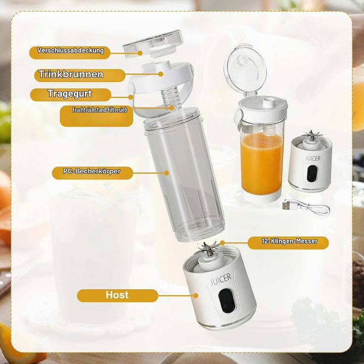 Tragbarer Mixer Smoothie Maker,650 ml Mini Mixer Smoothie To Go,USB-C Wiederaufladbar,12 Rostfreie K