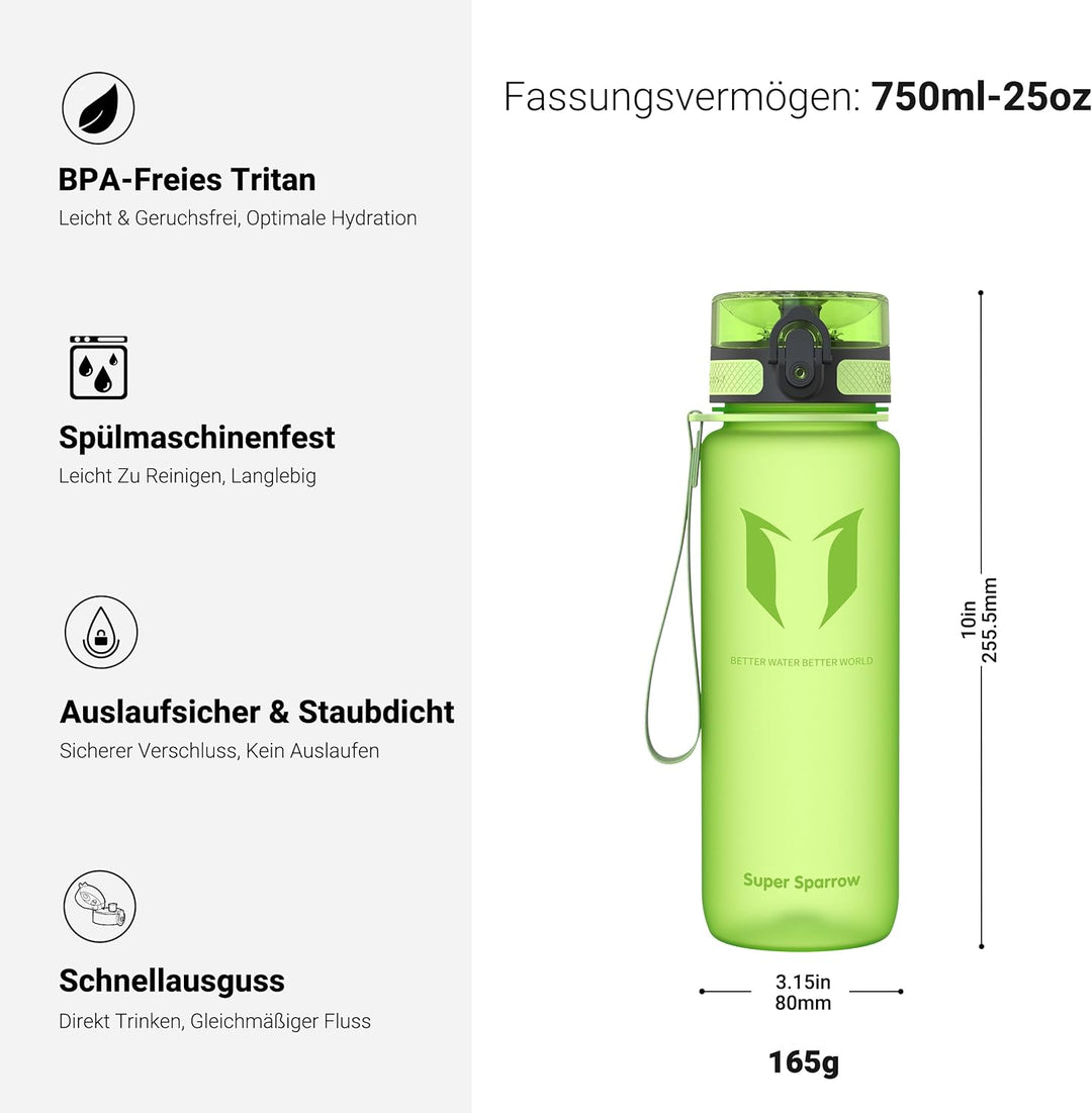 Super Sparrow Trinkflasche - Tritan Wasserflasche - 350ml, 500ml, 750ml, 1000ml - BPA-frei - Ideale