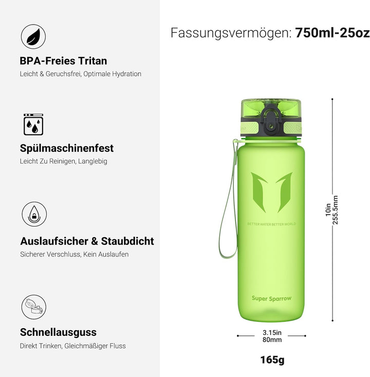 Super Sparrow Trinkflasche - Tritan Wasserflasche - 350ml, 500ml, 750ml, 1000ml - BPA-frei - Ideale