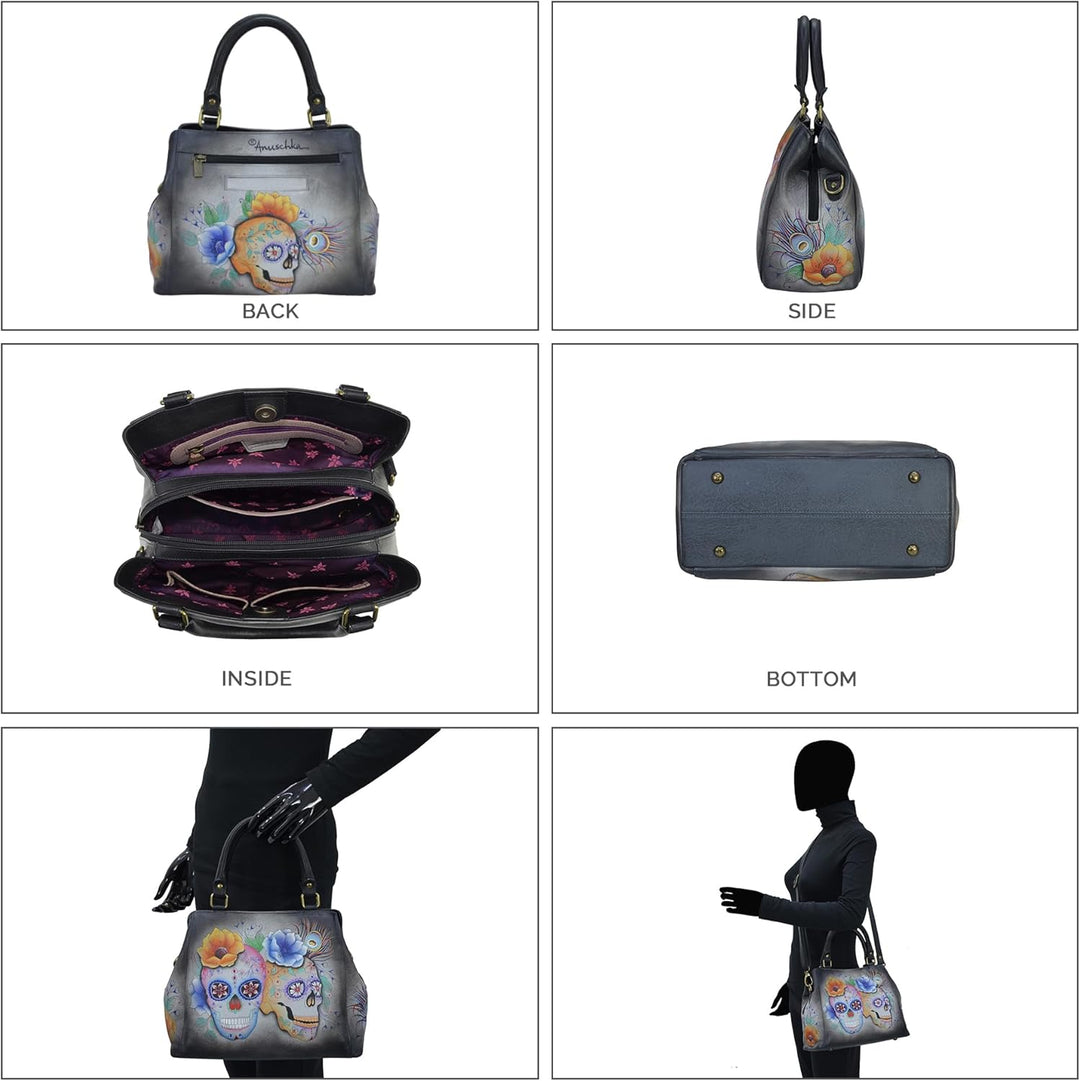 Anuschka Handbemalte Satchel Tasche mit mehreren Fächern aus Echtleder Calaveras De Azúcar, Calavera
