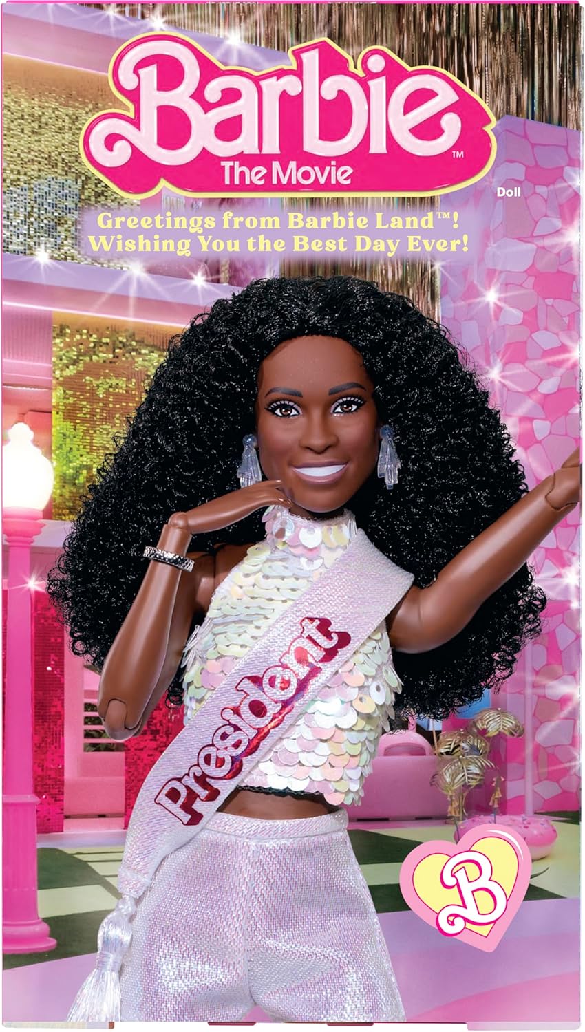 Barbie The Movie Sammelpuppe, ISSA Rae als Präsidentin glitzernden weissen Set aus Bluse und Shorts,