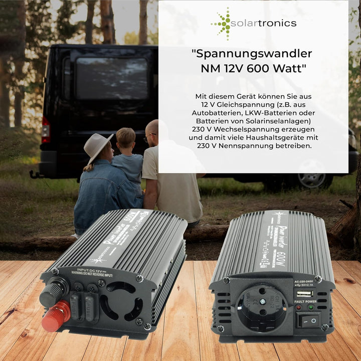 solartronics Spannungswandler Wechselrichter Intverter NM 600-1200 Watt 12V zu 230V schwarz USB Schu