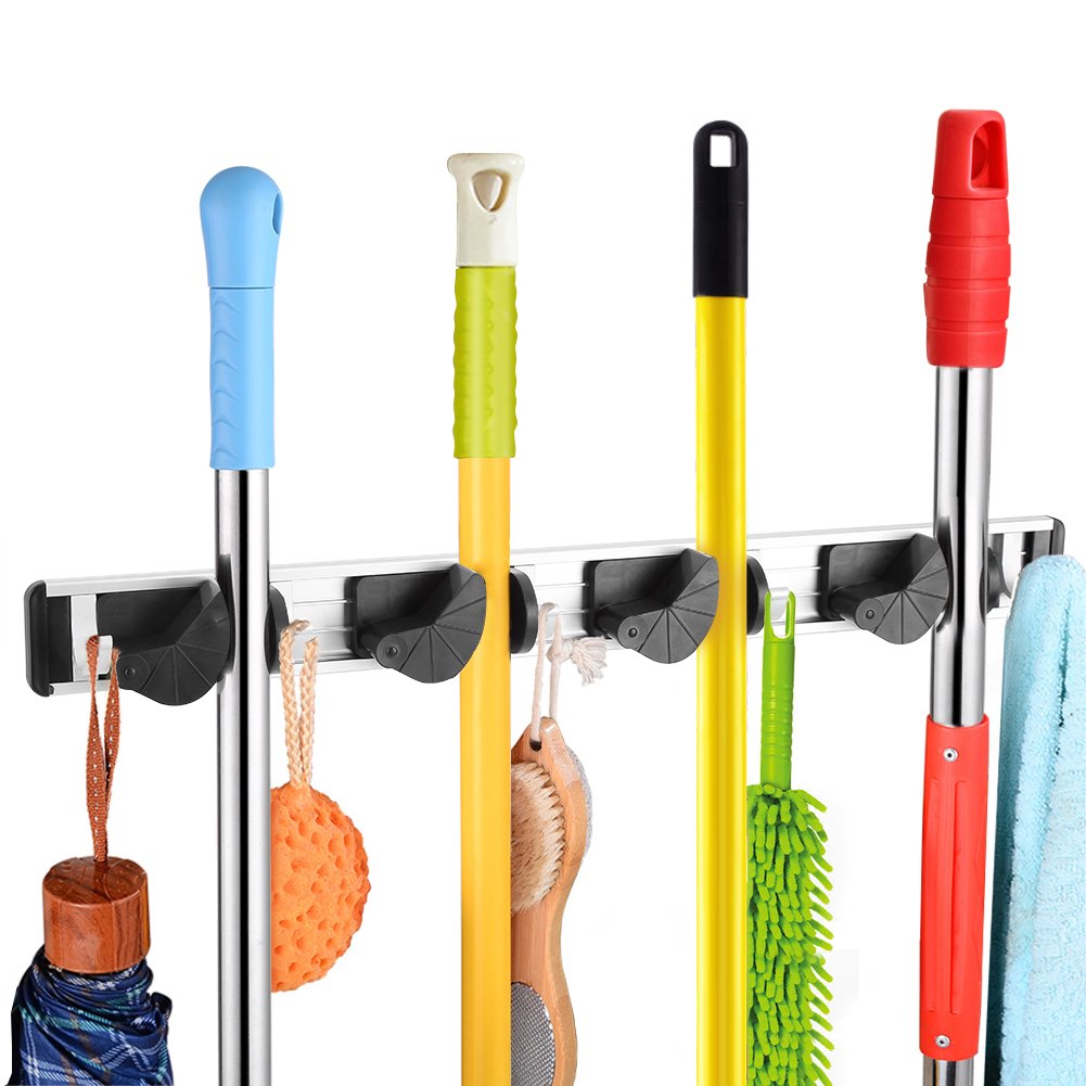 Zerodis Mopp und Besen Halter Wand montiert Rack Kleiderbügel Kehrbürste Organizer mit für Schrank R